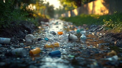 Fototapeta premium Polluted stream with plastic waste.