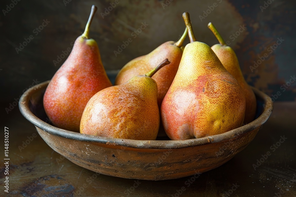 Poster ripe pears resting in rustic bowl on moody background