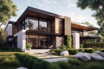 Fototapeta premium Modern Wooden House Amidst Lush Greenery