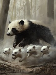 Obraz premium A mother panda with her adorable cubs running through a misty forest, showcasing family bonds in nature.