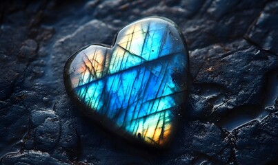 Iridescent heart shaped stone on textured rock surface.