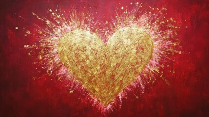 Radiant heart-shaped fireworks in gold and pink tones exploding symmetrically on a rich red canvas, ideal for New Year's festivities.