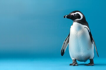 Fototapeta premium Humboldt penguin standing on blue background in studio shot