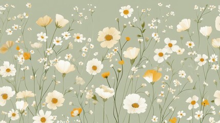 Highly detailed and intricate wildflower pattern, seamless on soft muted green background. 