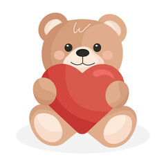 Cute teddy bear holding a red heart. Adorable vector illustration for Valentine’s day, love and gift themes. Isolated on white background.