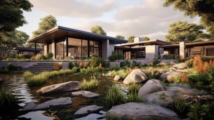 Obraz premium Modern House Nestled Amongst Lush Greenery And Water Feature
