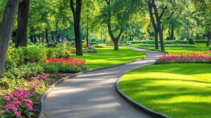 Serene Park Path Winding Through Lush Greenery And Flowers