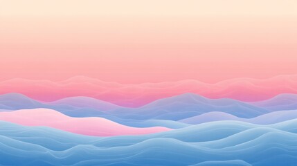 Abstract pastel landscape with soft pink and blue wavy hills and a sunrise sky.