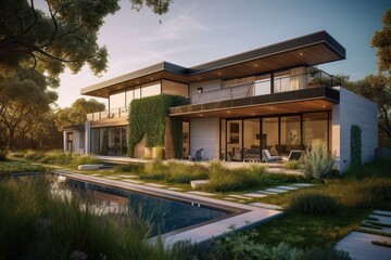 Fototapeta premium Modern House with Pool and Lush Landscaping