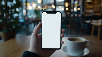 Cell phone white blank screen mockup, woman's hand holding mobile phone with blank screen and a cup of coffee in coffee shop, over shoulder view AI