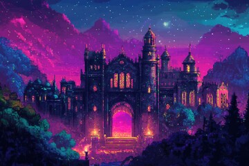 Fototapeta premium Pixel Art Castle Under a Starry Night Sky