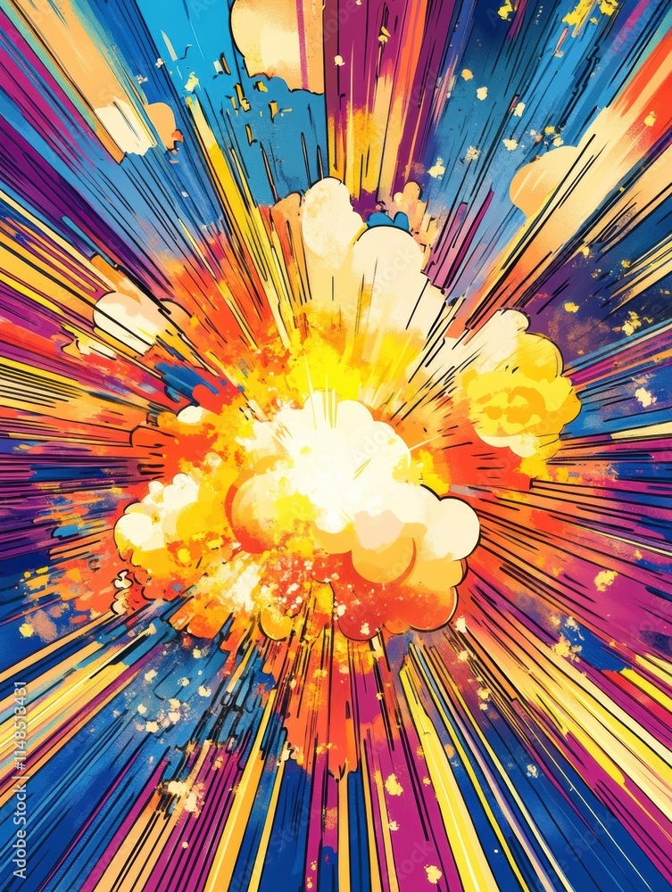 Aufkleber colorful explosion with bright bursts and dynamic motion against a vivid background in a fantastical