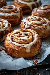 Cinnamon rolls with glaze, delicious-looking, close-up image. Culinary, pastry or sweet treat concepts