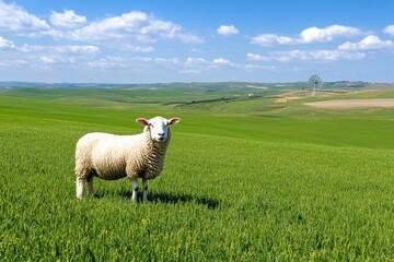Fototapeta premium A peaceful countryside view with rolling green hills, a traditional windmill, and grazing sheep in the distance