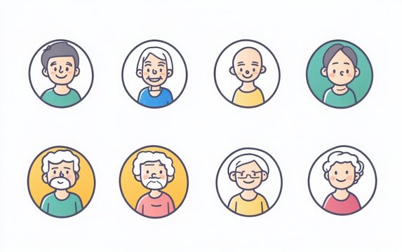 A set of simple, flat design line art icons featuring elderly avatars in round frames, with full-body shots in a cute, storybook illustration style. 