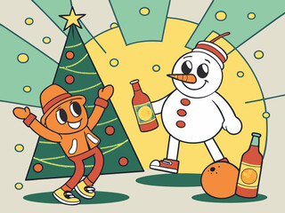 Groovy Christmas party invitation posters with cartoon characters. Christmas tree, snowman, beer bottle, tangerine. Flyer template design.