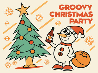 Groovy Christmas party invitation posters with cartoon characters. Christmas tree, snowman, beer bottle, tangerine. Flyer template design.