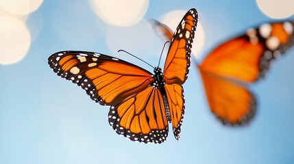 Obraz premium Two vibrant monarch butterflies in flight against a soft blue bokeh background.