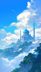 Illustration of Grand Mosque on High Mountain Peak Surrounded by Clouds and Clear Blue Sky. Anime style 