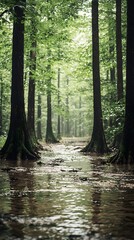 Obraz premium A tranquil forest scene featuring tall, lush green trees reflecting in a serene waterway, evoking a sense of calm and connection with nature.