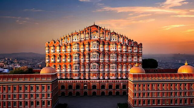 Hawa Mahal Palace in Jaipur with Intricate Architecture and Warm Sunset Glow in a Historical Urban Setting

