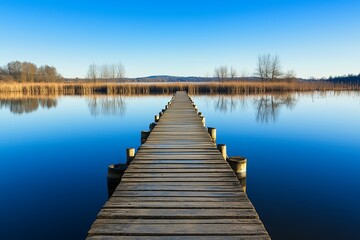 Old wooden pier extending into a calm lake, reflecting the serene surroundings under a clear blue sky.