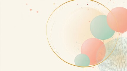 Sophisticated vector featuring a circular photo frame, pastel-toned balloons with golden strings, and a subtle confetti pattern on a cream gradient background.