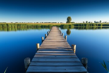 Fototapeta premium Old wooden pier extending into a calm lake, reflecting the serene surroundings under a clear blue sky.