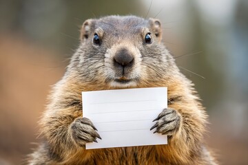 A curious groundhog holding a white blank card mockup with lined details, perfect for text, branding, or personalized Groundhog Day messages.