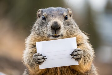 An adorable groundhog presenting a blank sign with a focused expression, perfect for seasonal promotions, Groundhog Day designs, or mockup projects.