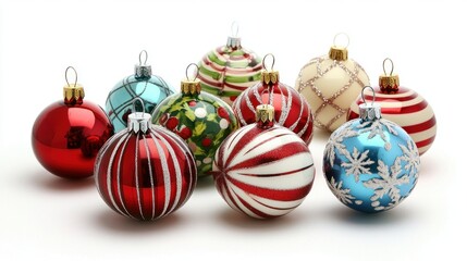 Ten colorful Christmas ornaments with traditional holiday designs, including snowflakes, holly, and striped patterns, arranged in a festive display.