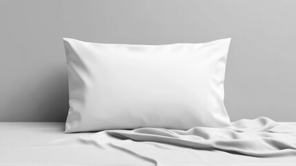 White pillow on a white sheet against a gray wall.