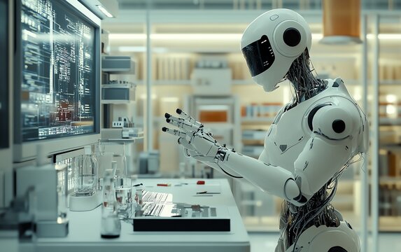 A humanoid robot interacting with advanced technology in a futuristic lab, symbolizing ai and robotics