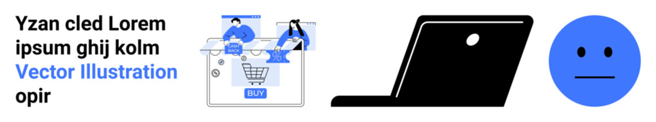 E-commerce shopping checkout process represented with cart icon, people, laptop, and neutral face icon. Ideal for e-commerce, online shopping, digital transactions, user experience, web development