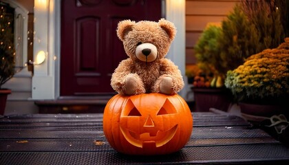 Cute teddy bear sitting on a jack o'lantern on a porch at autumn