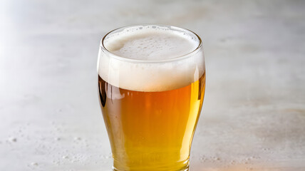 A photo of a frothy beer in a glass. The beer is a golden color with a white head.