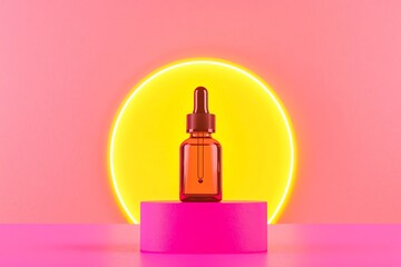 Naklejka premium Stylish amber dropper bottle against a vibrant pink backdrop and glowing circle.