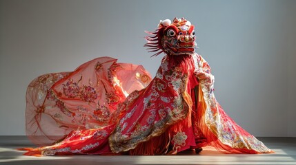 Naklejka premium Traditional lion dance costume in vibrant red and gold, showcasing a detailed lion head and flowing fabric adorned with embroidery.