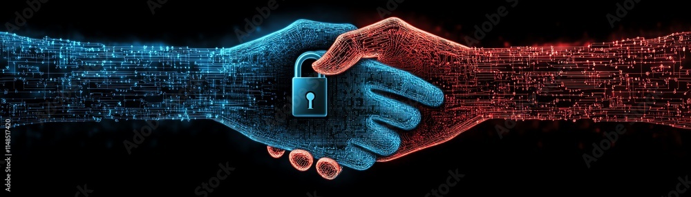 Poster digital handshake with a lock symbol on a dark background, representing cybersecurity in the future 