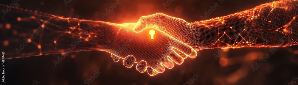 Poster digital handshake with a lock symbol on a dark background, representing cybersecurity in the future 