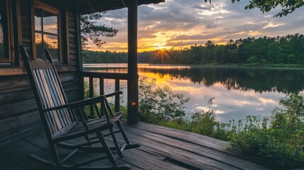 Sunset view from cabin porch rocking chair