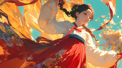 Fototapeta premium kawaii anime cartoon seollal korean new year celebration background