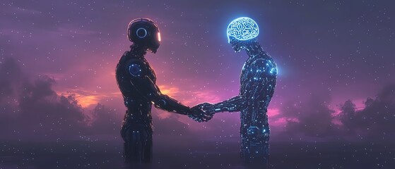 Obraz premium Human and robot handshake, AI brain hologram icons Ai generative illustration