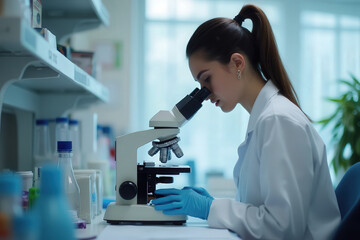 scientist looking through microscope