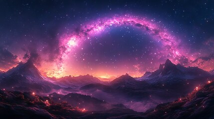 Cosmic Sunset Over Alien Ocean with Starry Sky and Pink Nebula