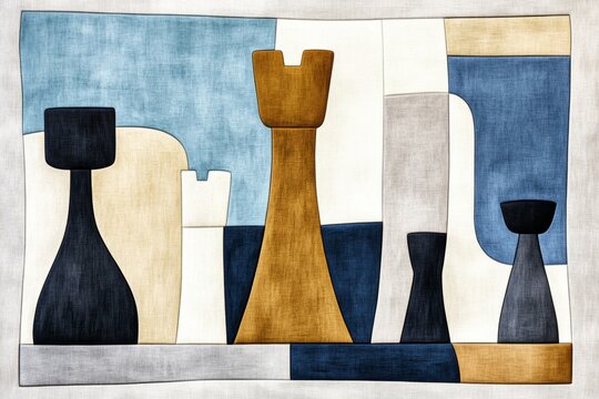 A stylized depiction of a chessboard with only a few pieces, drawn in bold geometric shapes and contrasting monochrome tones