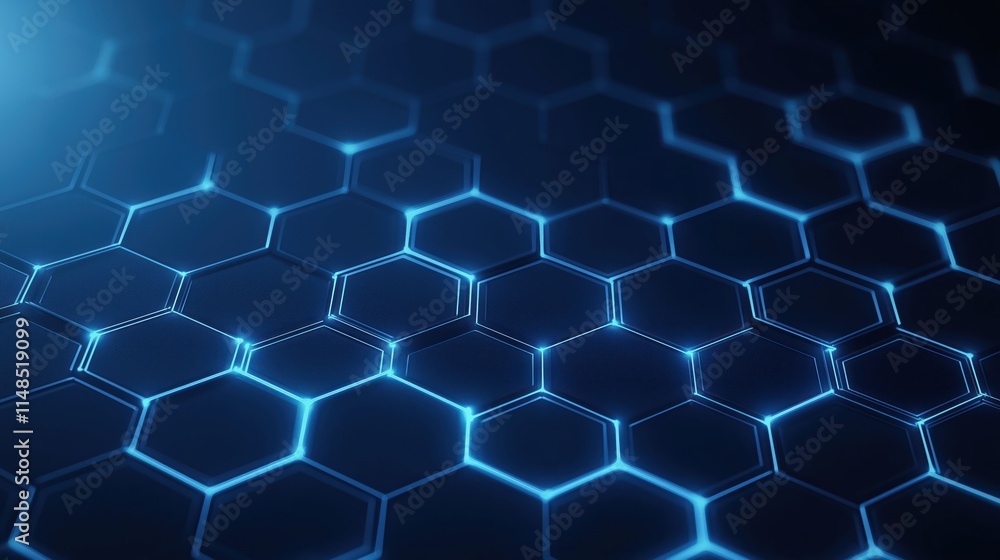 Poster abstract futuristic pattern with glowing blue hexagons. modern tech design. glowing lines connect he