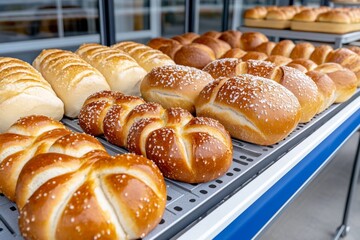 A traditional German bakery display with fresh pretzels, bread rolls, and cakes arranged invitingly