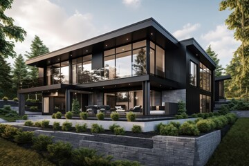 Modern Black House nestled in a lush green landscape