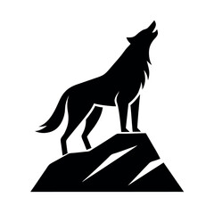 Silhouette of a wolf standing on a rocky peak, howling upwards a minimalist black-and-white design suitable for nature or wildlife themes